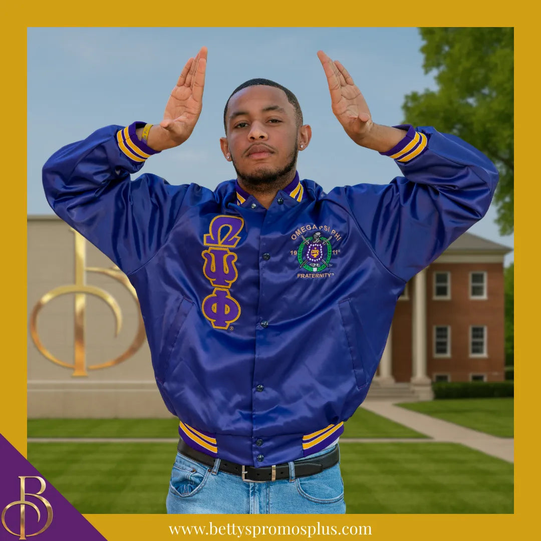 Omega Psi Phi ΩΨΦ Satin Bomber Jacket-Omega Psi Phi Paraphernalia-Omega Psi Phi Jackets-Betty's Promos Plus