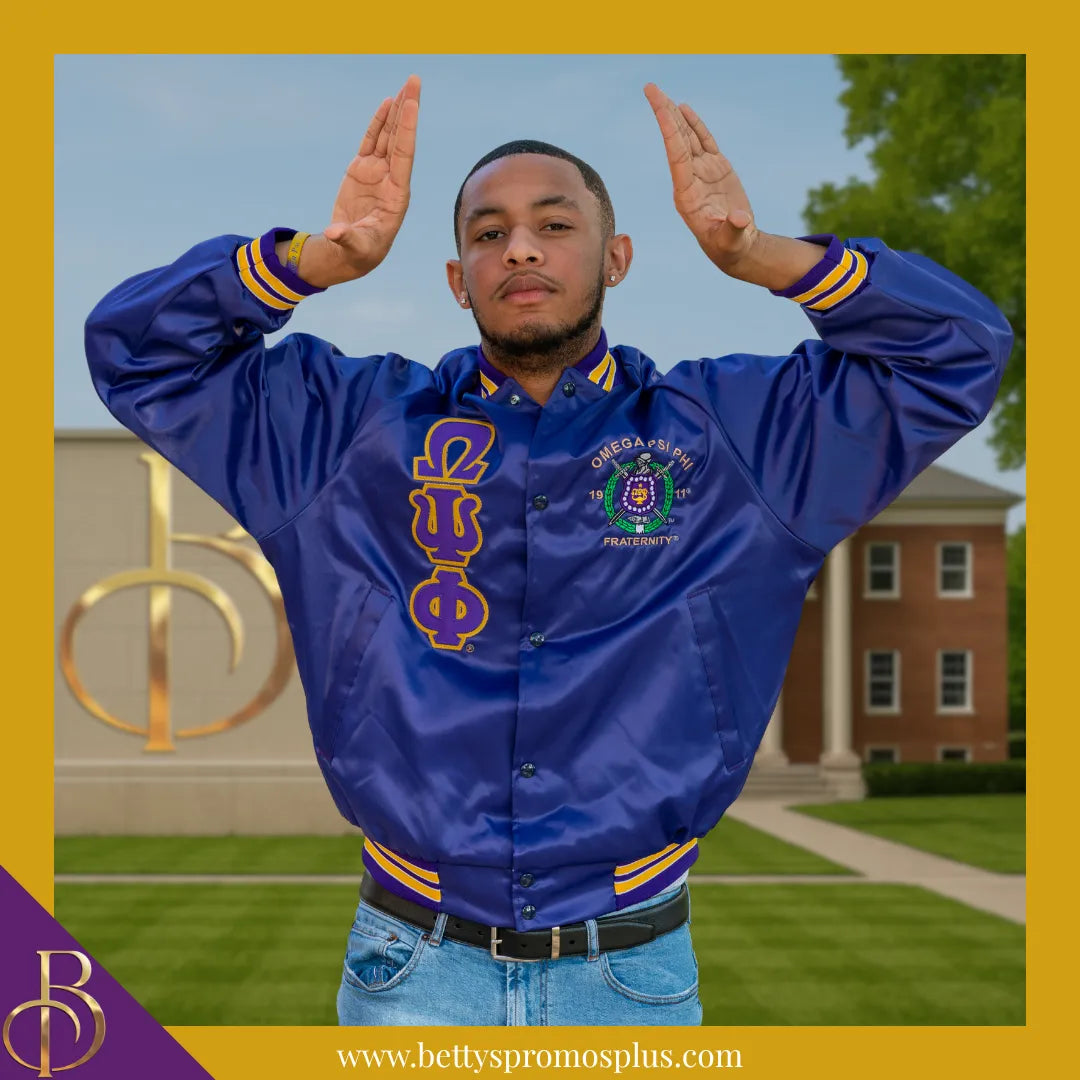 Omega Psi Phi ΩΨΦ Satin Bomber Jacket-Omega Psi Phi Paraphernalia-Omega Psi Phi Jackets-Betty's Promos Plus