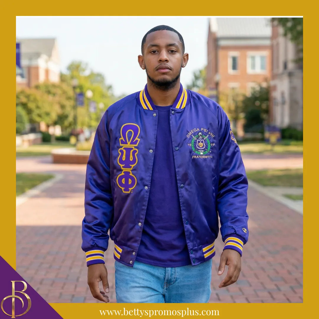 Omega Psi Phi ΩΨΦ Satin Bomber Jacket-Omega Psi Phi Paraphernalia-Omega Psi Phi Jackets-Betty's Promos Plus