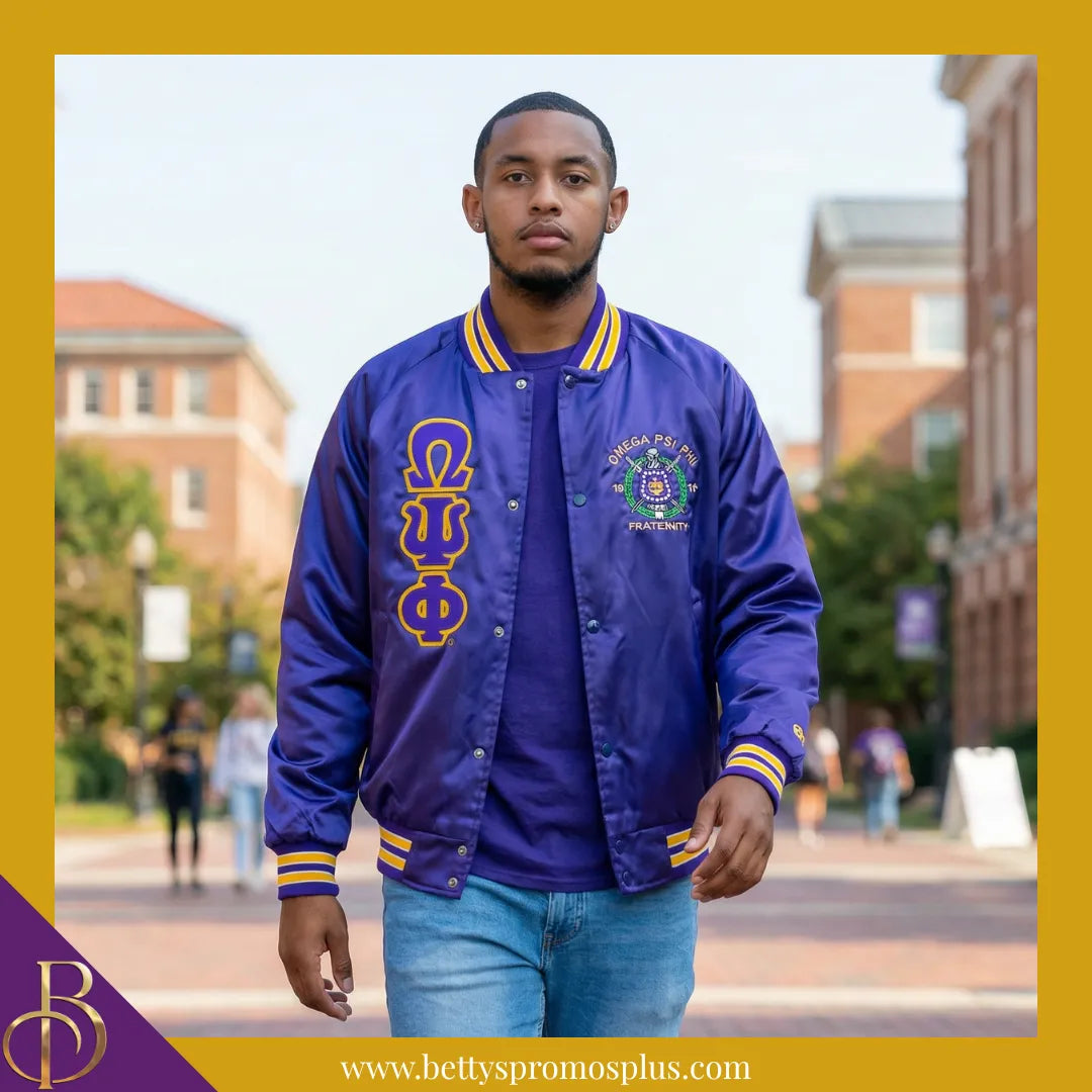 Omega Psi Phi ΩΨΦ Satin Bomber Jacket-Omega Psi Phi Paraphernalia-Omega Psi Phi Jackets-Betty's Promos Plus