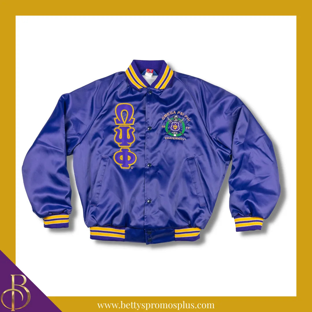 Omega Psi Phi ΩΨΦ Satin Bomber Jacket-Purple-Small-Omega Psi Phi Paraphernalia-Omega Psi Phi Jackets-Betty's Promos Plus