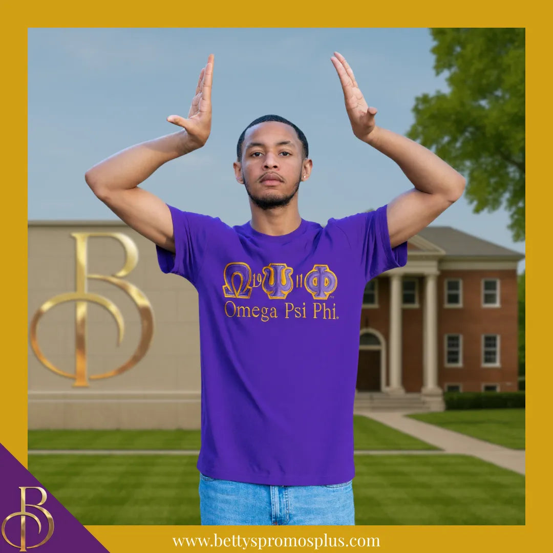 Omega Psi Phi ΩΨΦ Script Double Stitched Appliqué Embroidered Line T-Shirt-Omega Psi Phi Paraphernalia-Omega Psi Phi T-Shirts-Betty's Promos Plus