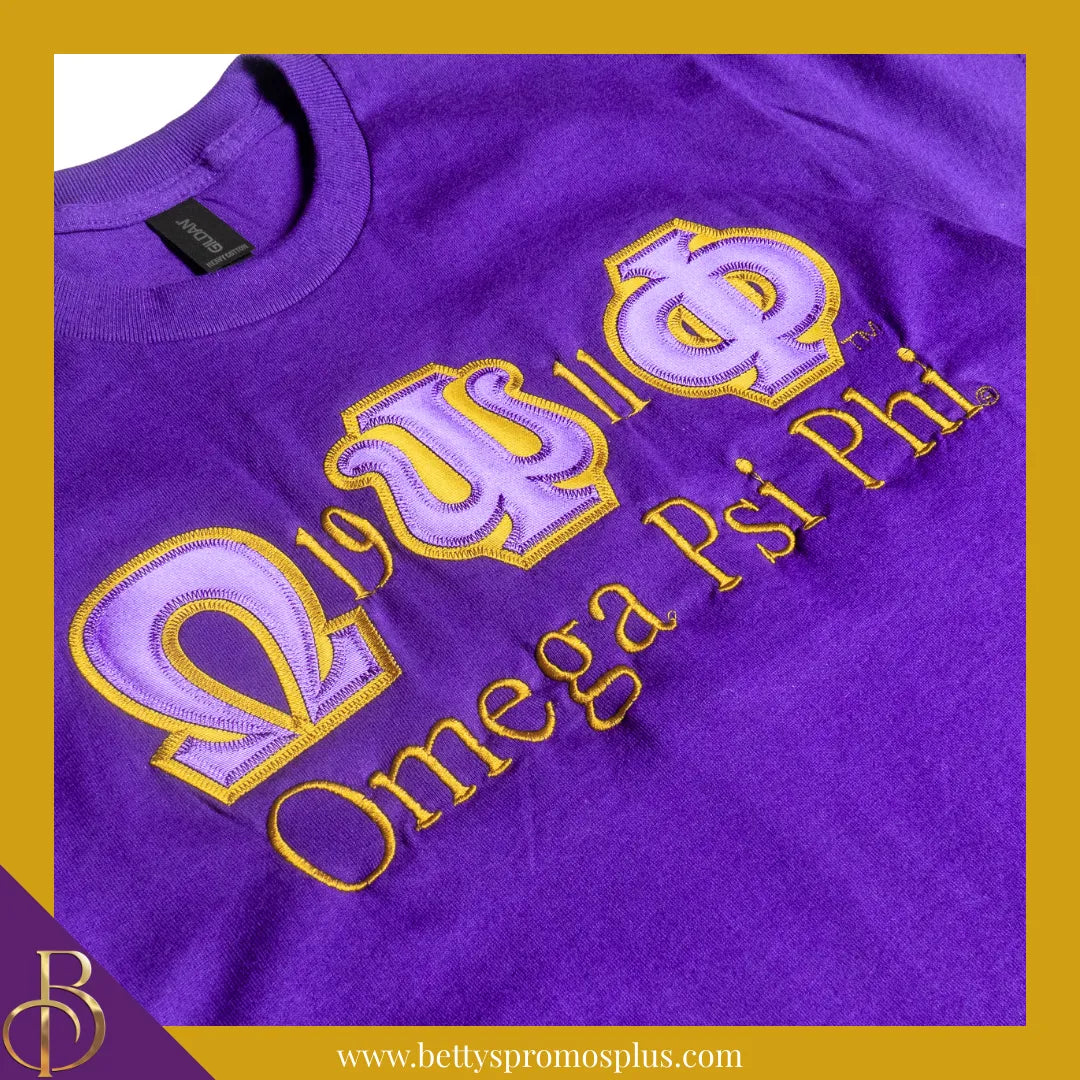 Omega Psi Phi ΩΨΦ Script Double Stitched Appliqué Embroidered Line T-Shirt-Omega Psi Phi Paraphernalia-Omega Psi Phi T-Shirts-Betty's Promos Plus