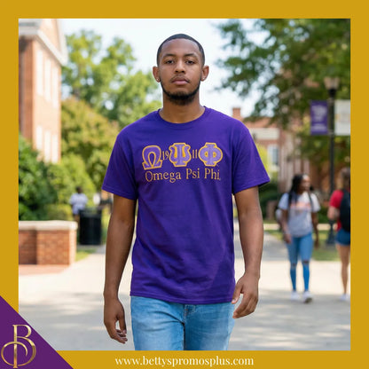 Omega Psi Phi ΩΨΦ Script Double Stitched Appliqué Embroidered Line T-Shirt-Omega Psi Phi Paraphernalia-Omega Psi Phi T-Shirts-Betty's Promos Plus