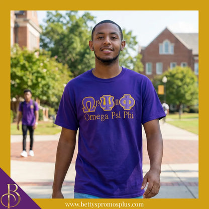 Omega Psi Phi ΩΨΦ Script Double Stitched Appliqué Embroidered Line T-Shirt-Omega Psi Phi Paraphernalia-Omega Psi Phi T-Shirts-Betty's Promos Plus