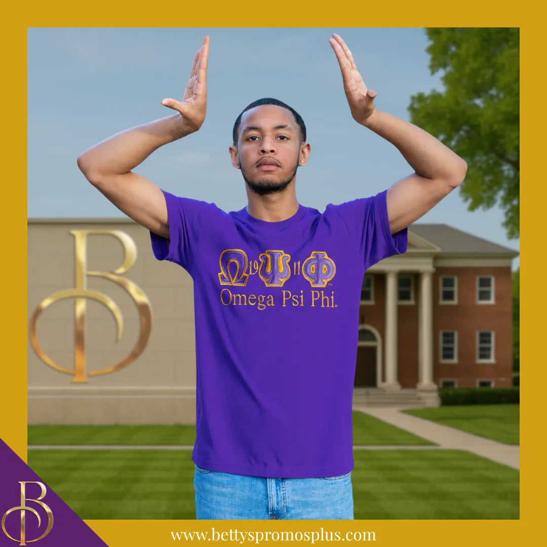 Omega Psi Phi ΩΨΦ Script Double Stitched Appliqué Embroidered Line T-Shirt-Omega Psi Phi Paraphernalia-Omega Psi Phi T-Shirts-Betty's Promos Plus