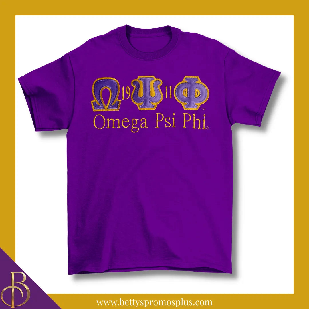 Omega Psi Phi ΩΨΦ Script Double Stitched Appliqué Embroidered Line T-Shirt-Purple-Small-Omega Psi Phi Paraphernalia-Omega Psi Phi T-Shirts-Betty's Promos Plus