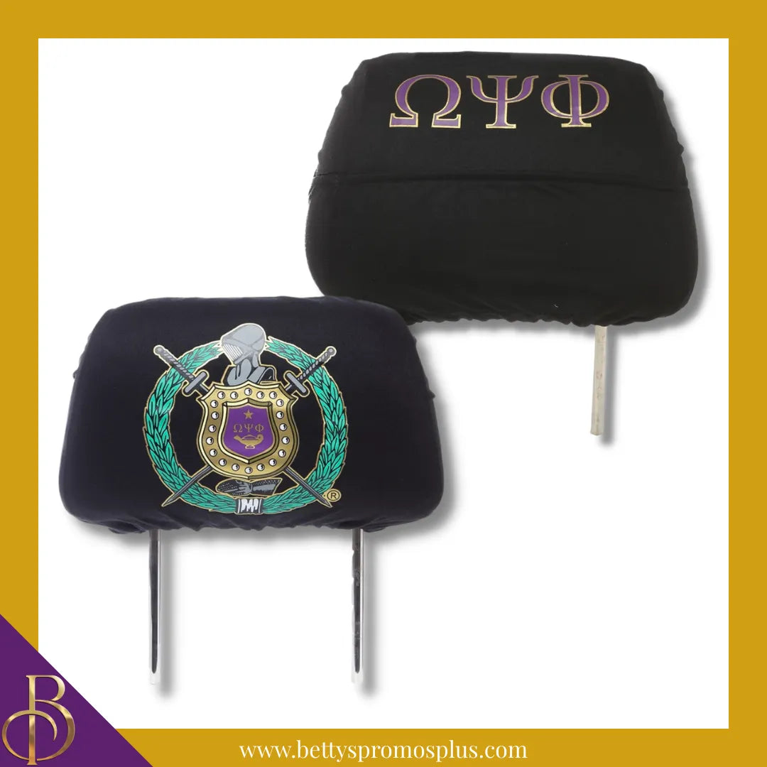 Omega Psi Phi ΩΨΦ Shield with Greek Letters Car Seat Headrest Cover-Single Headrest-Black-Omega Psi Phi Paraphernalia-Omega Psi Phi Headrest Cover-Betty's Promos Plus