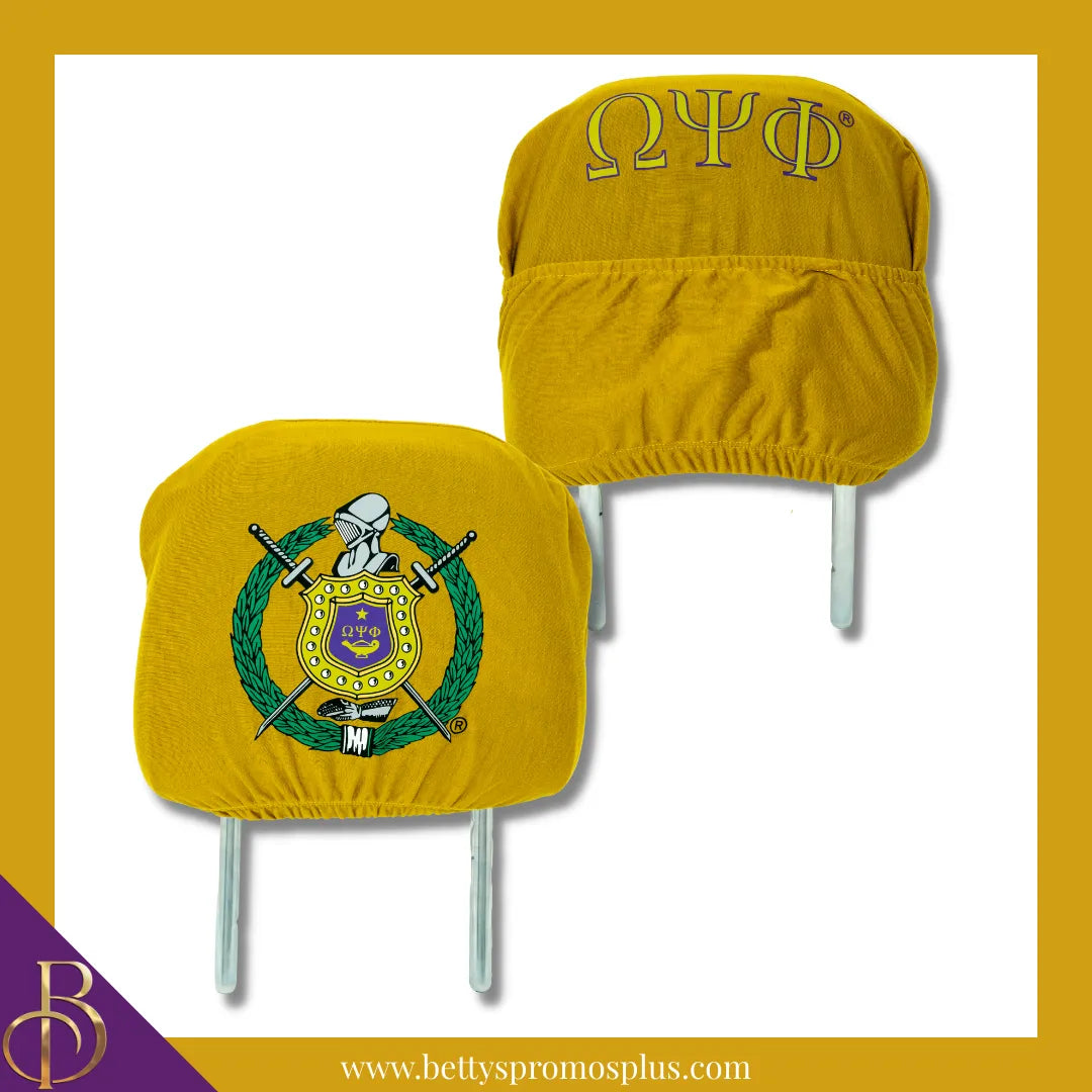 Omega Psi Phi ΩΨΦ Shield with Greek Letters Car Seat Headrest Cover-Single Headrest-Gold-Omega Psi Phi Paraphernalia-Omega Psi Phi Headrest Cover-Betty's Promos Plus