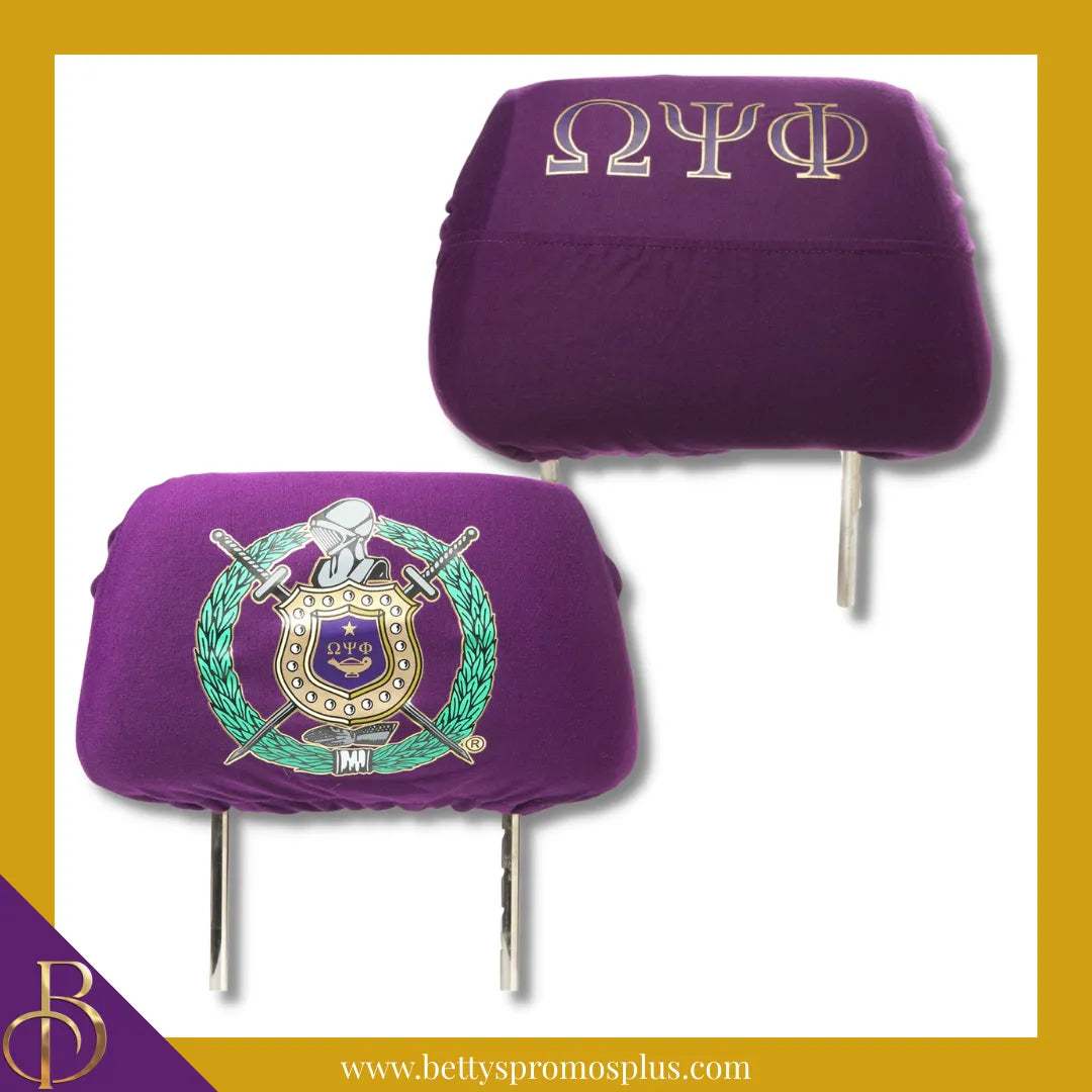 Omega Psi Phi ΩΨΦ Shield with Greek Letters Car Seat Headrest Cover-Single Headrest-Purple-Omega Psi Phi Paraphernalia-Omega Psi Phi Headrest Cover-Betty's Promos Plus