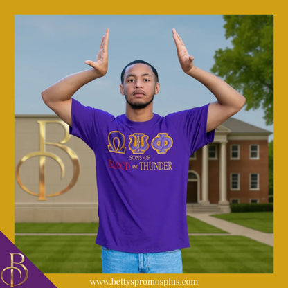 Omega Psi Phi ΩΨΦ Sons of Blood and Thunder Double Stitched Appliqué Embroidered T-Shirt-Omega Psi Phi Paraphernalia-Omega Psi Phi T-Shirts-Betty's Promos Plus