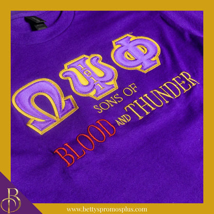 Omega Psi Phi ΩΨΦ Sons of Blood and Thunder Double Stitched Appliqué Embroidered T-Shirt-Omega Psi Phi Paraphernalia-Omega Psi Phi T-Shirts-Betty's Promos Plus
