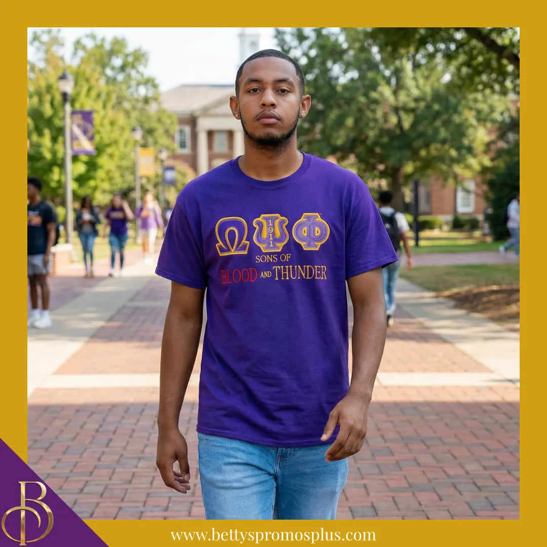Omega Psi Phi ΩΨΦ Sons of Blood and Thunder Double Stitched Appliqué Embroidered T-Shirt-Omega Psi Phi Paraphernalia-Omega Psi Phi T-Shirts-Betty's Promos Plus