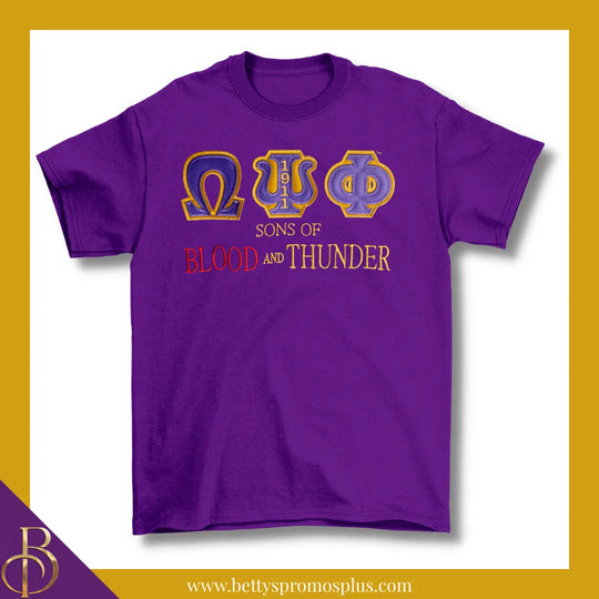 Omega Psi Phi ΩΨΦ Sons of Blood and Thunder Double Stitched Appliqué Embroidered T-Shirt-Omega Psi Phi Paraphernalia-Omega Psi Phi T-Shirts-Betty's Promos Plus
