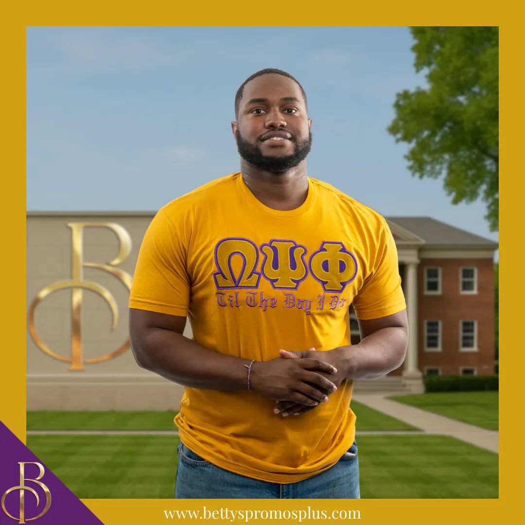 Omega Psi Phi ΩΨΦ Till the Day I Die Double Stitched Appliqué Embroidered Line T-Shirt-Omega Psi Phi Paraphernalia-Omega Psi Phi T-Shirts-Betty's Promos Plus