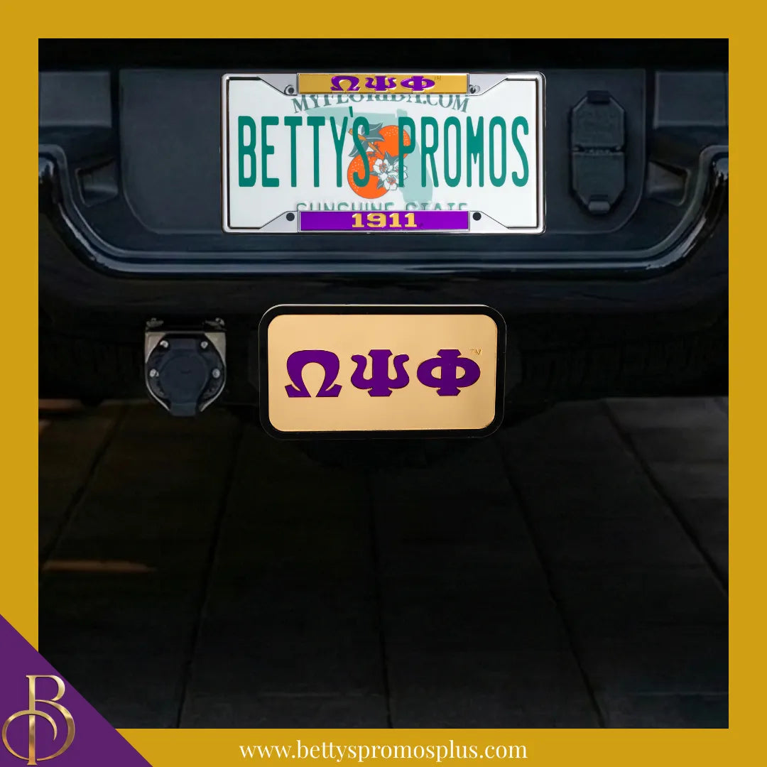 Omega Psi Phi ΩΨΦ Tow Hitch Cover with Laser Engraved Greek Letters-Omega Psi Phi Paraphernalia-Omega Psi Phi Hitch Caps-Betty's Promos Plus