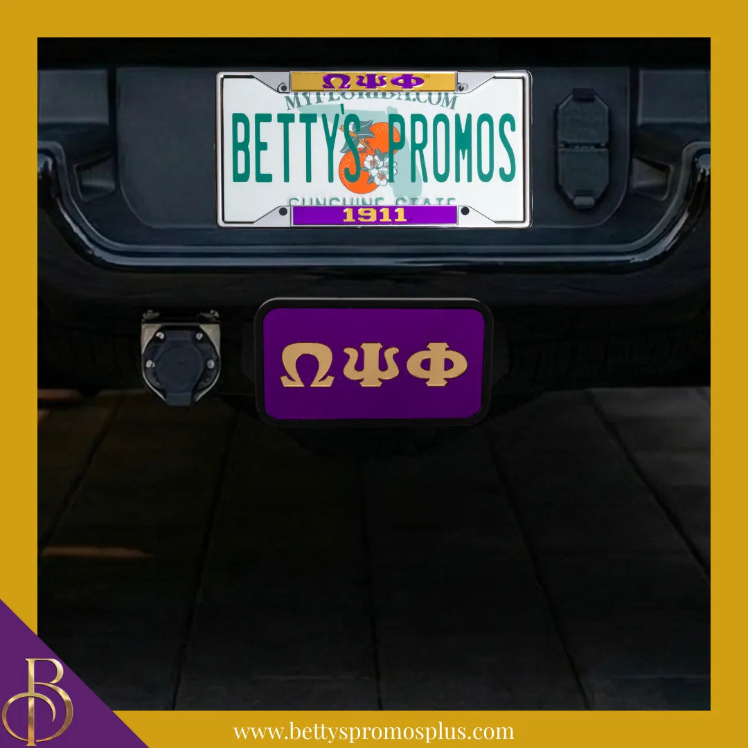 Omega Psi Phi ΩΨΦ Tow Hitch Cover with Laser Engraved Greek Letters-Omega Psi Phi Paraphernalia-Omega Psi Phi Hitch Caps-Betty's Promos Plus