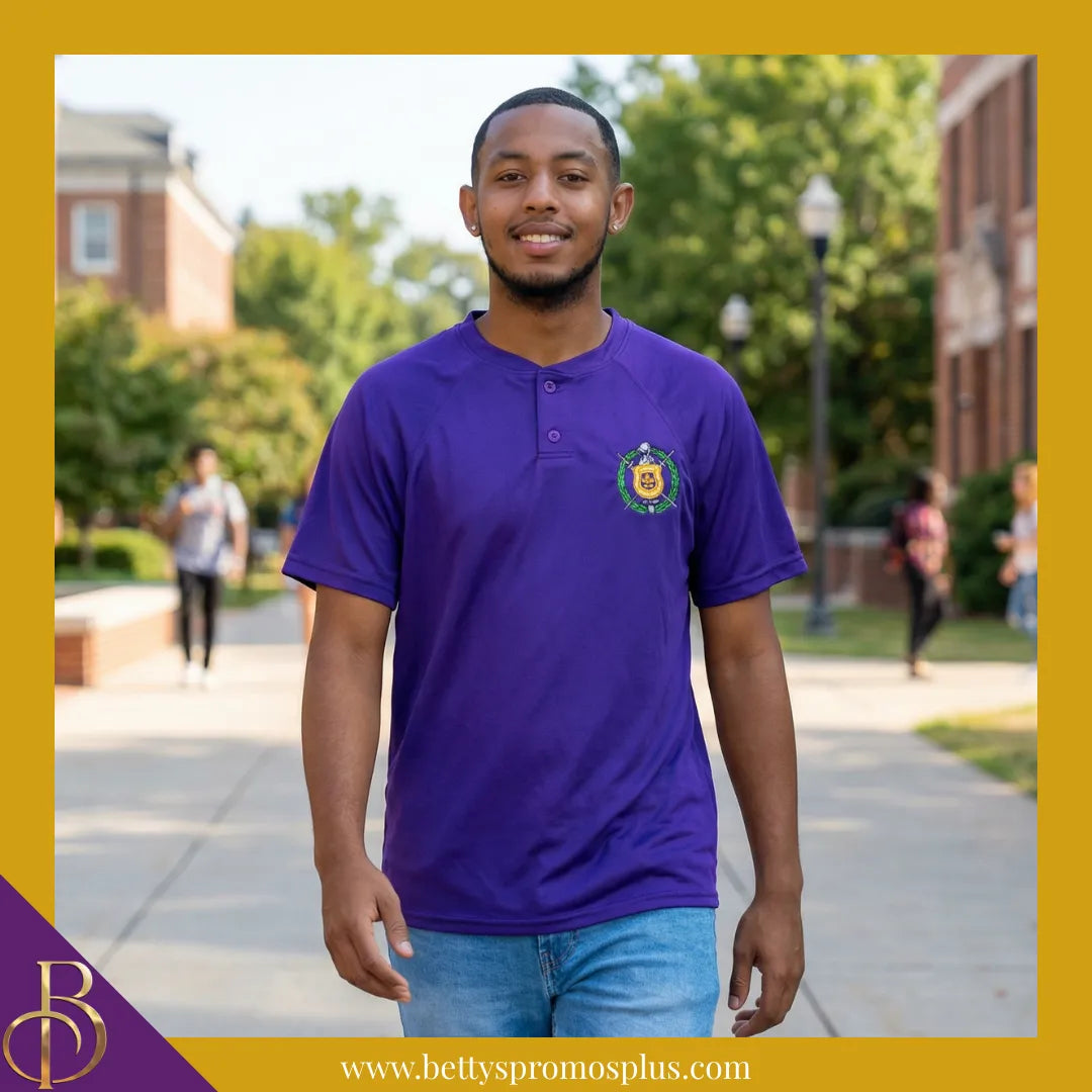Omega Psi Phi ΩΨΦ Two-Button Baseball Henley Shirt with Embroidered Shield-Omega Psi Phi Paraphernalia-Omega Psi Phi Jerseys-Betty's Promos Plus