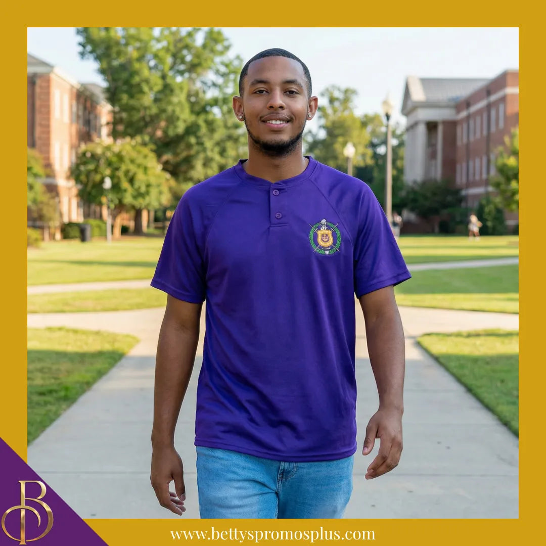 Omega Psi Phi ΩΨΦ Two-Button Baseball Henley Shirt with Embroidered Shield-Omega Psi Phi Paraphernalia-Omega Psi Phi Jerseys-Betty's Promos Plus