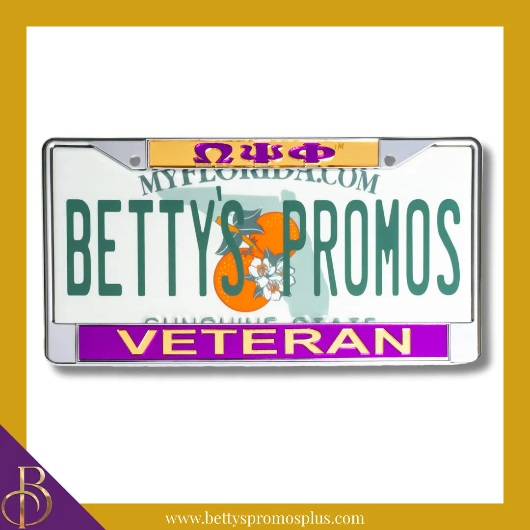 Omega Psi Phi ΩΨΦ Veteran Chrome Laser Engraved Mirrored Acrylic Auto Tag License Plate Frame-Gold Top-Purple Bottom-Omega Psi Phi Paraphernalia-Omega Psi Phi Auto Tag Frame-Betty's Promos Plus