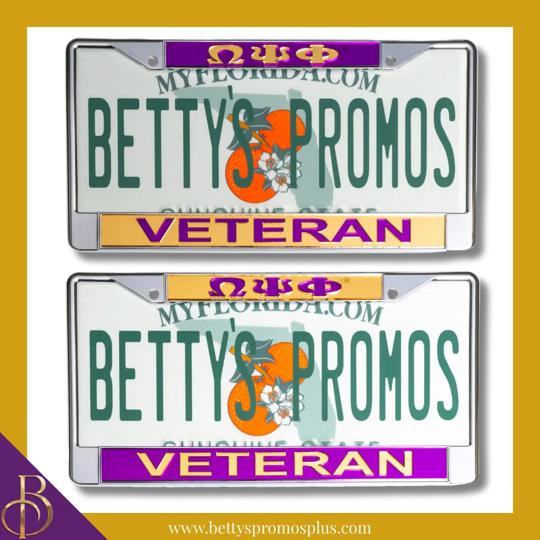 Omega Psi Phi ΩΨΦ Veteran Chrome Laser Engraved Mirrored Acrylic Auto Tag License Plate Frame-Omega Psi Phi Paraphernalia-Omega Psi Phi Auto Tag Frame-Betty's Promos Plus