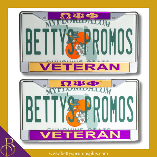Omega Psi Phi ΩΨΦ Veteran Chrome Laser Engraved Mirrored Acrylic Auto Tag License Plate Frame-Omega Psi Phi Paraphernalia-Omega Psi Phi Auto Tag Frame-Betty's Promos Plus