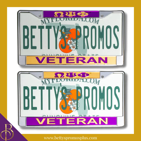 Omega Psi Phi ΩΨΦ Veteran Chrome Laser Engraved Mirrored Acrylic Auto Tag License Plate Frame-Omega Psi Phi Paraphernalia-Omega Psi Phi Auto Tag Frame-Betty's Promos Plus