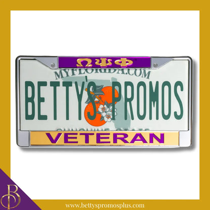 Omega Psi Phi ΩΨΦ Veteran Chrome Laser Engraved Mirrored Acrylic Auto Tag License Plate Frame-Purple Top-Gold Bottom-Omega Psi Phi Paraphernalia-Omega Psi Phi Auto Tag Frame-Betty's Promos Plus