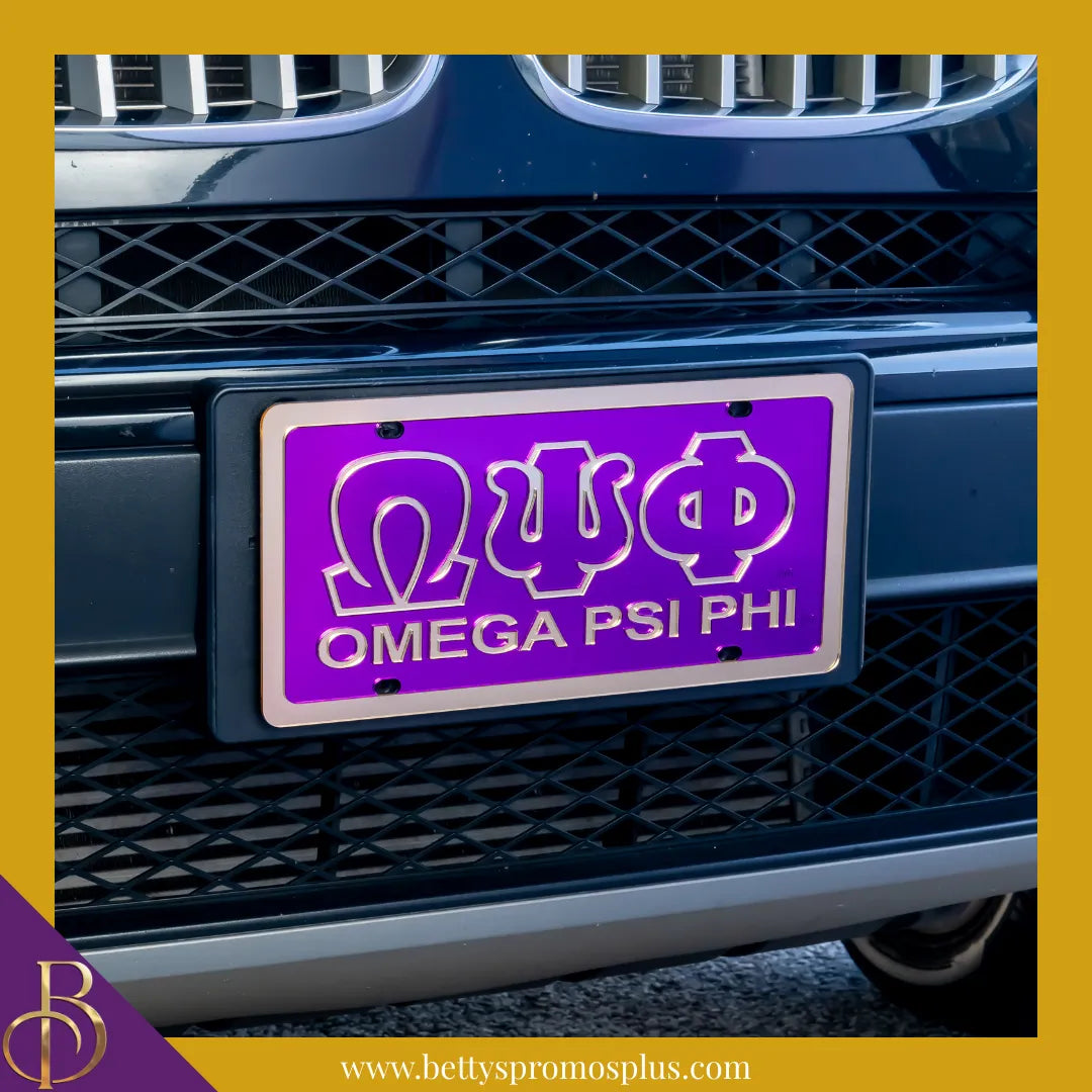 Omega Psi Phi ΩΨΦ with Omega Psi Phi Laser Engraved Mirrored Acrylic Auto Tag License Plate-Omega Psi Phi Paraphernalia-Omega Psi Phi Auto Tag-Betty's Promos Plus