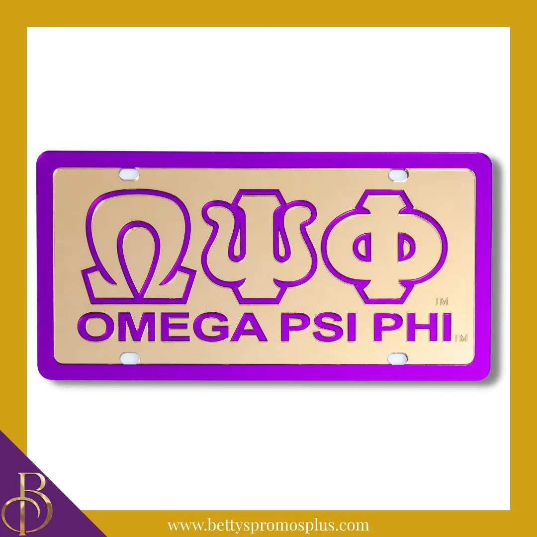 Omega Psi Phi ΩΨΦ with Omega Psi Phi Laser Engraved Mirrored Acrylic Auto Tag License Plate-Omega Psi Phi Paraphernalia-Omega Psi Phi Auto Tag-Betty's Promos Plus