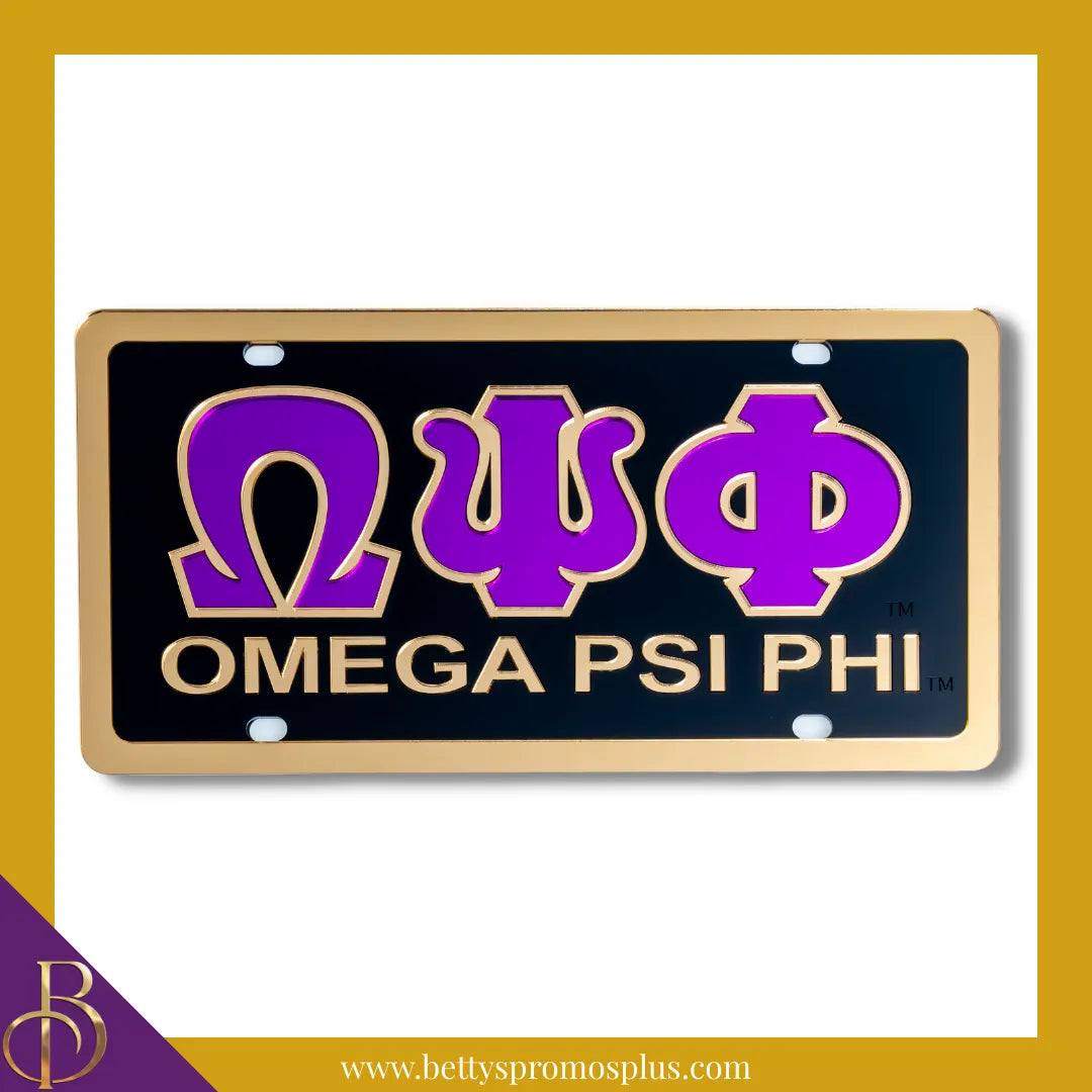Omega Psi Phi ΩΨΦ with Omega Psi Phi Laser Engraved Mirrored Acrylic Auto Tag License Plate-Omega Psi Phi Paraphernalia-Omega Psi Phi Auto Tag-Betty's Promos Plus