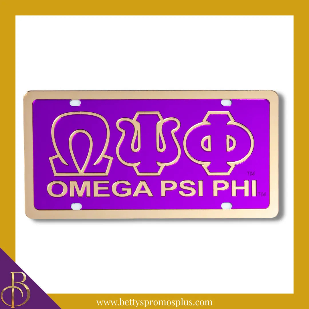 Omega Psi Phi ΩΨΦ with Omega Psi Phi Laser Engraved Mirrored Acrylic Auto Tag License Plate-Purple Background-Gold Trim-Omega Psi Phi Paraphernalia-Omega Psi Phi Auto Tag-Betty's Promos Plus