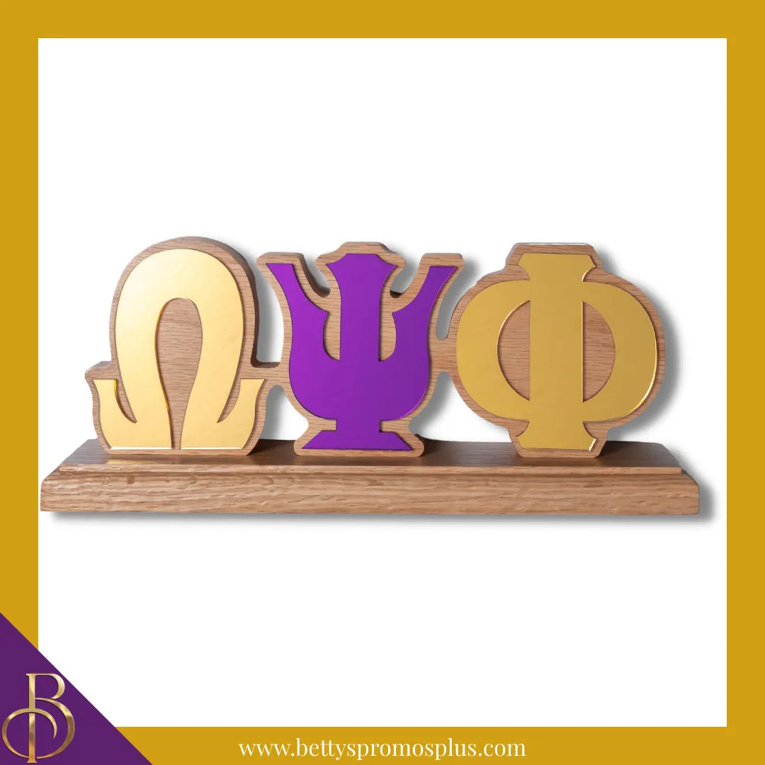 Omega Psi Phi ΩΨΦ Wooden Desk Ornament with Mirrored Letters-Gold-Omega Psi Phi Paraphernalia-Omega Psi Phi Desk Ornament-Betty's Promos Plus