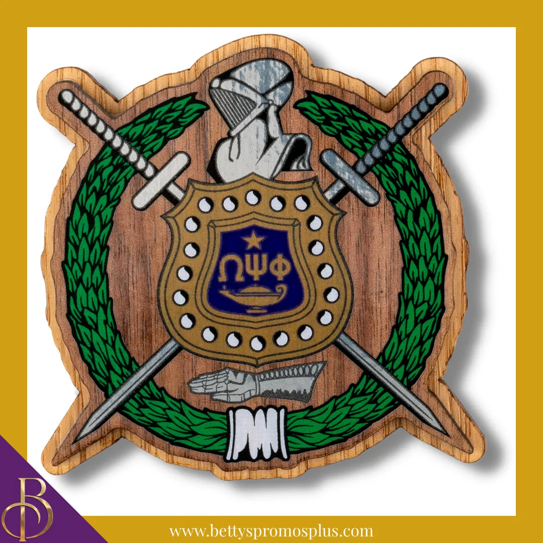 Omega Psi Phi ΩΨΦ Wooden Shield Decal-Large-Omega Psi Phi Paraphernalia-Omega Psi Phi Wood Decal-Betty's Promos Plus