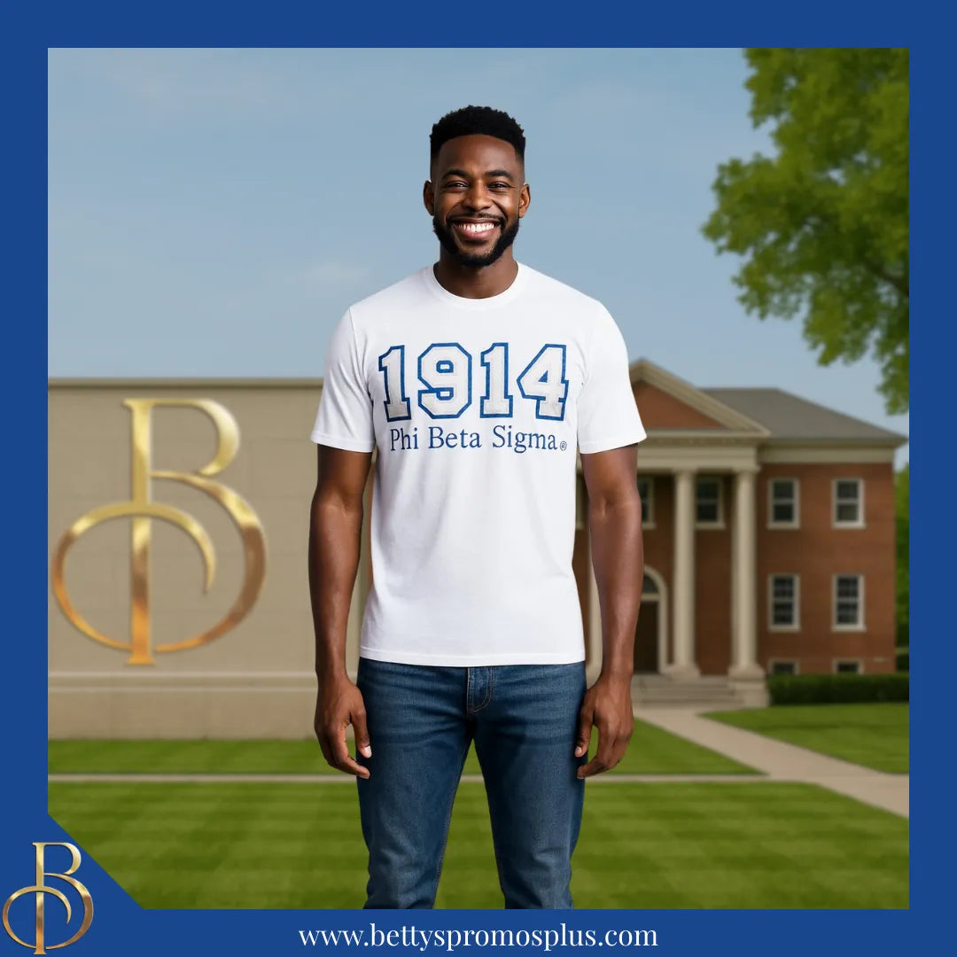 Phi Beta Sigma 1914 ΦΒΣ Script Double Stitched Appliqué Embroidered Line T-Shirt-Phi Beta Sigma Paraphernalia-Phi Beta Sigma T-Shirts-Betty's Promos Plus