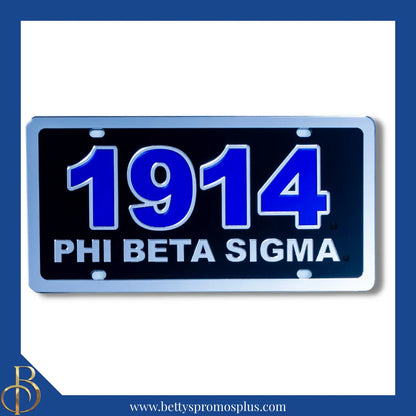 Phi Beta Sigma ΦΒΣ 1914 with Phi Beta Sigma Laser Engraved Mirrored Acrylic Auto Tag License Plate-Black Background-Silver Trim-Phi Beta Sigma Paraphernalia-Phi Beta Sigma Auto Tag-Betty's Promos Plus