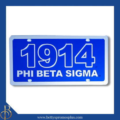 Phi Beta Sigma ΦΒΣ 1914 with Phi Beta Sigma Laser Engraved Mirrored Acrylic Auto Tag License Plate-Blue Background-Silver Trim-Phi Beta Sigma Paraphernalia-Phi Beta Sigma Auto Tag-Betty's Promos Plus