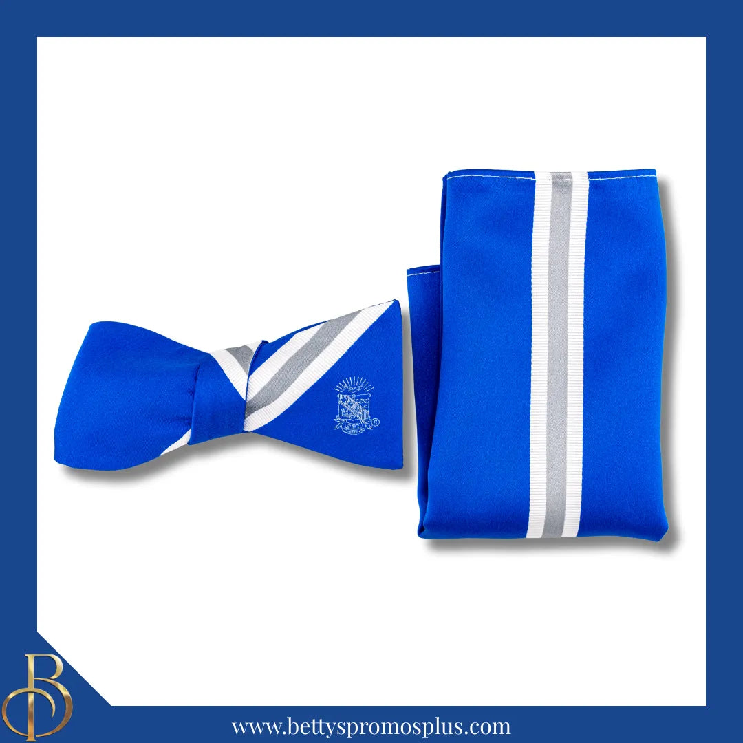 Phi Beta Sigma ΦΒΣ Bow Tie and Pocket Square Combo-Blue-Small White Stripes & Small Silver Stripe-Phi Beta Sigma Paraphernalia-Phi Beta Sigma Bow Tie Set-Betty's Promos Plus