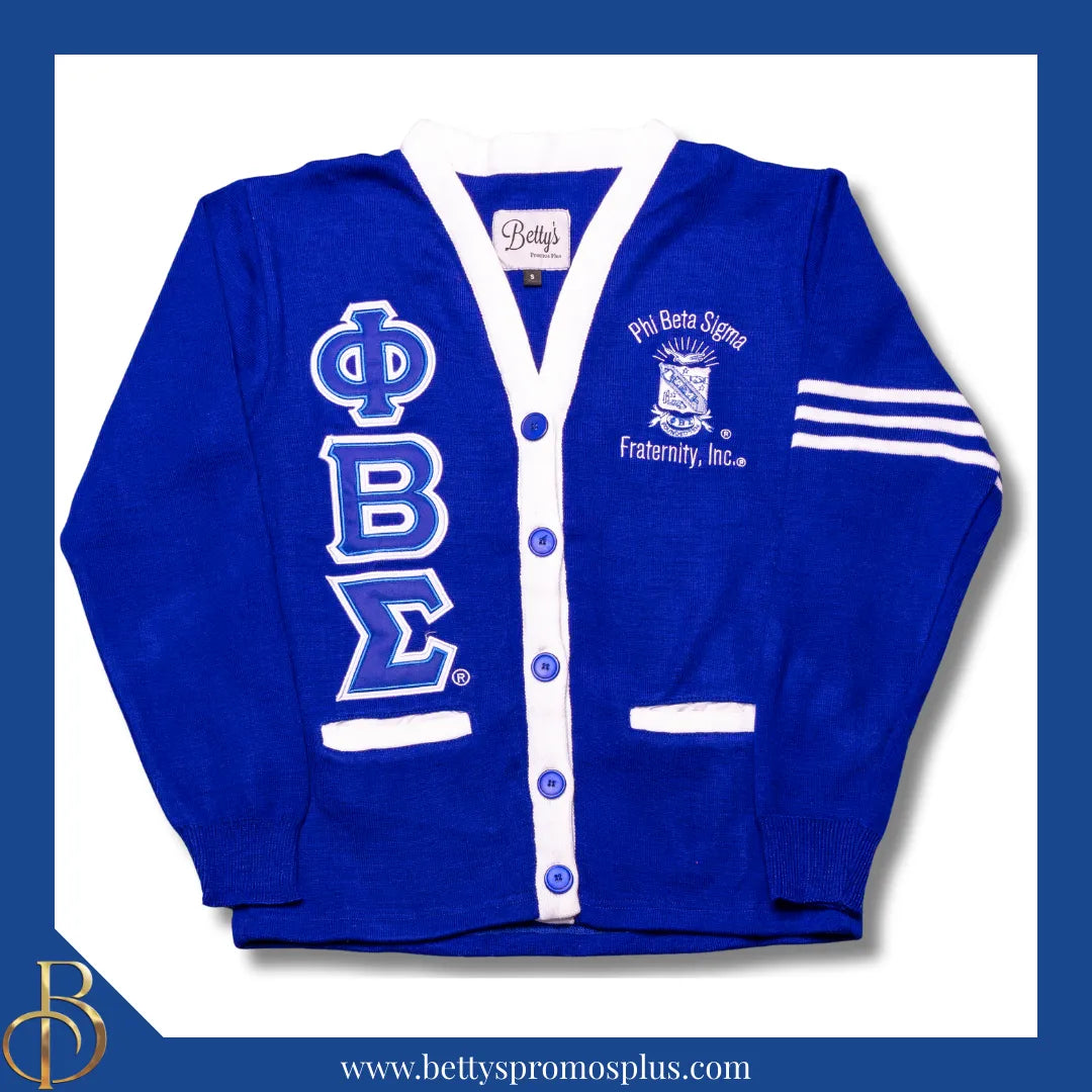 Phi Beta Sigma ΦΒΣ Cardigan Sweater with Double Stitched Twill Embroidered Letters & ΦΒΣ Shield-Blue-White Trim-Small-Phi Beta Sigma Paraphernalia-Phi Beta Sigma Sweaters-Betty's Promos Plus