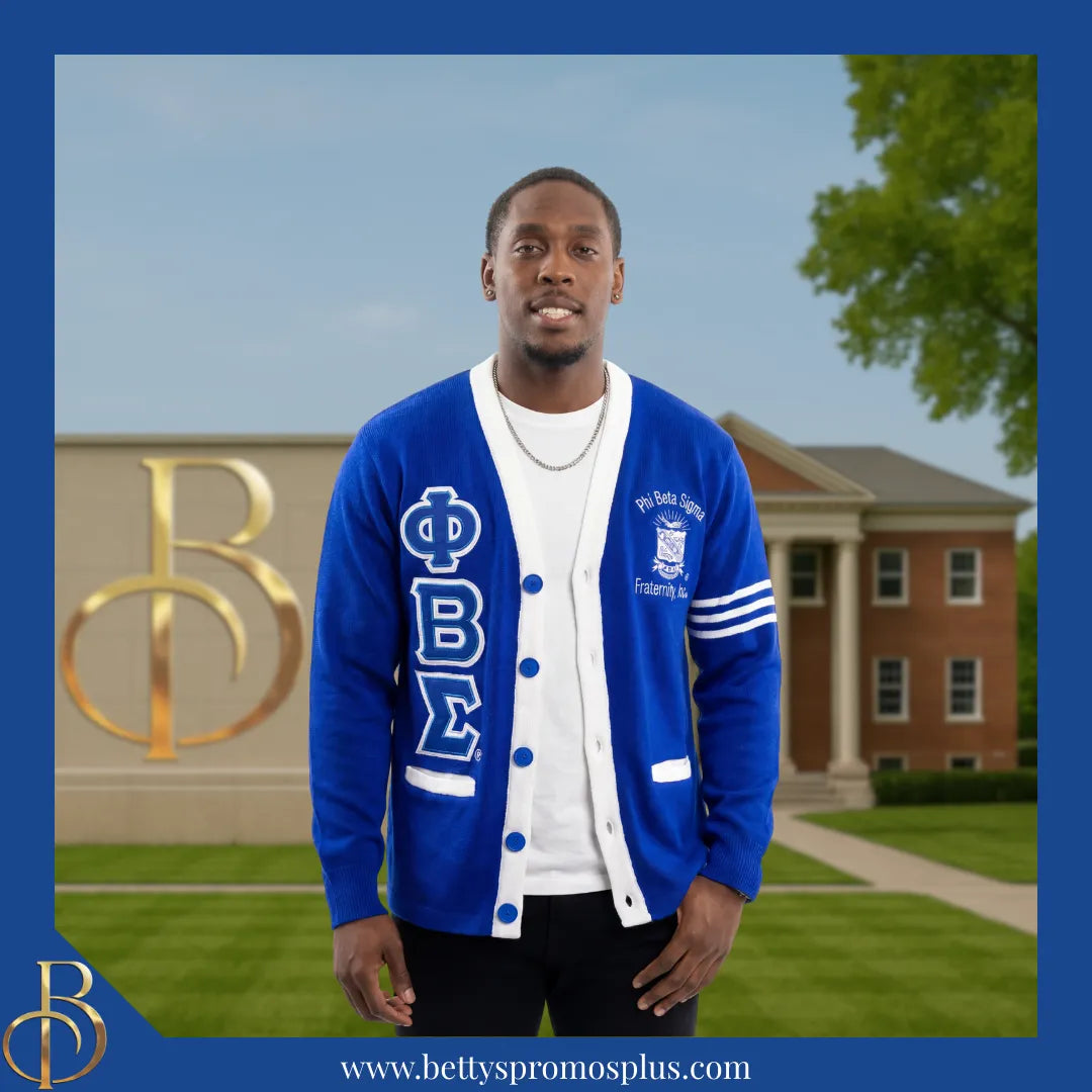Phi Beta Sigma ΦΒΣ Cardigan Sweater with Double Stitched Twill Embroidered Letters & ΦΒΣ Shield-Phi Beta Sigma Paraphernalia-Phi Beta Sigma Sweaters-Betty's Promos Plus