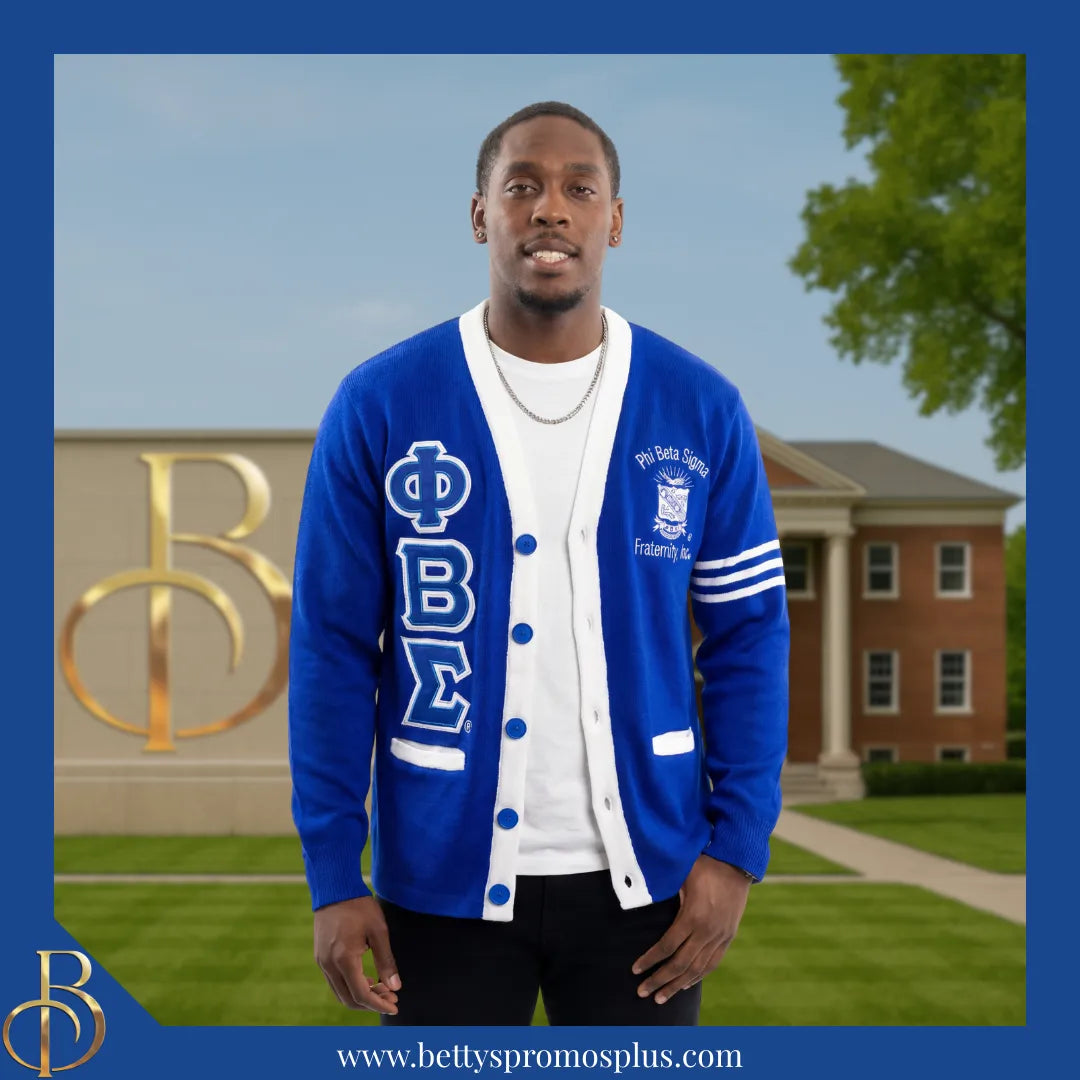 Phi Beta Sigma ΦΒΣ Cardigan Sweater with Double Stitched Twill Embroidered Letters & ΦΒΣ Shield-Phi Beta Sigma Paraphernalia-Phi Beta Sigma Sweaters-Betty's Promos Plus