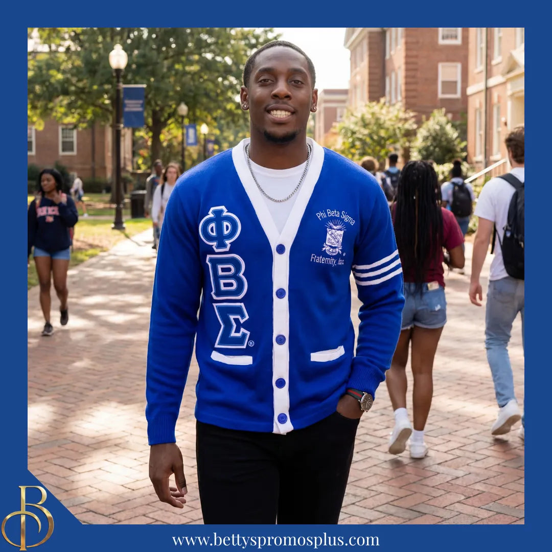 Phi Beta Sigma ΦΒΣ Cardigan Sweater with Double Stitched Twill Embroidered Letters & ΦΒΣ Shield-Phi Beta Sigma Paraphernalia-Phi Beta Sigma Sweaters-Betty's Promos Plus