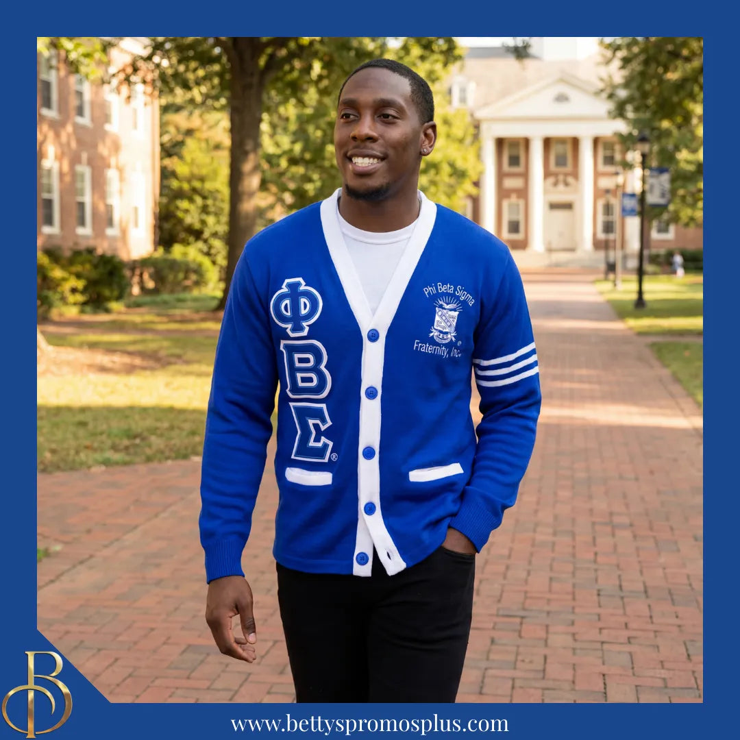 Phi Beta Sigma ΦΒΣ Cardigan Sweater with Double Stitched Twill Embroidered Letters & ΦΒΣ Shield-Phi Beta Sigma Paraphernalia-Phi Beta Sigma Sweaters-Betty's Promos Plus