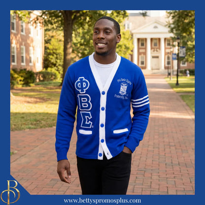 Phi Beta Sigma ΦΒΣ Cardigan Sweater with Double Stitched Twill Embroidered Letters & ΦΒΣ Shield-Phi Beta Sigma Paraphernalia-Phi Beta Sigma Sweaters-Betty's Promos Plus