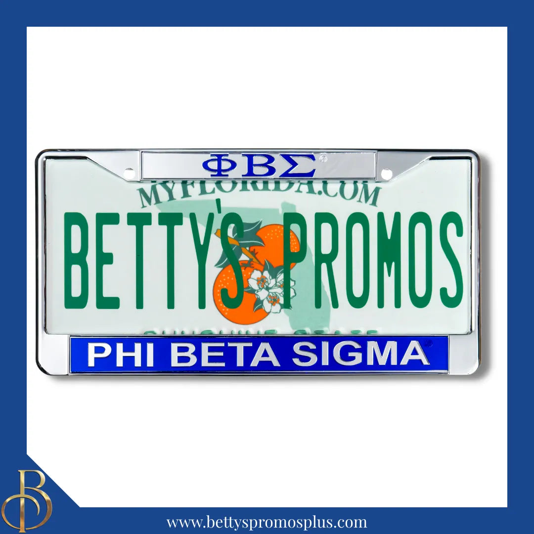 Phi Beta Sigma ΦΒΣ Chrome Laser Engraved Mirrored Acrylic License Plate Frame-Blue Bottom-Silver Top-Phi Beta Sigma Paraphernalia-Phi Beta Sigma Auto Tag Frame-Betty's Promos Plus