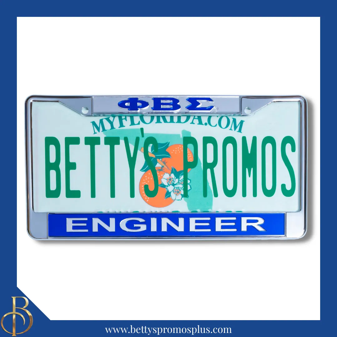 Phi Beta Sigma ΦΒΣ Engineer Chrome Laser Engraved Mirrored Acrylic Auto Tag License Plate Frame-Silver Top-Blue Bottom-Phi Beta Sigma Paraphernalia-Phi Beta Sigma Auto Tag Frame-Betty's Promos Plus