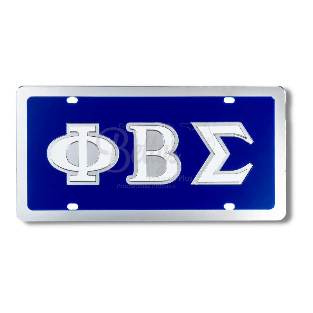 Phi Beta Sigma ΦΒΣ Laser Engraved Mirrored Acrylic Auto Tag License Plate-Blue Background-Silver Trim-Phi Beta Sigma Paraphernalia-Phi Beta Sigma Auto Tag-Betty's Promos Plus