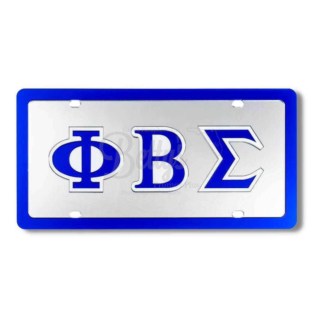 Phi Beta Sigma ΦΒΣ Laser Engraved Mirrored Acrylic Auto Tag License Plate-Silver Background-Blue Trim-Phi Beta Sigma Paraphernalia-Phi Beta Sigma Auto Tag-Betty's Promos Plus