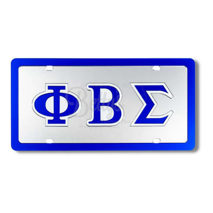 Phi Beta Sigma ΦΒΣ Laser Engraved Mirrored Acrylic Auto Tag License Plate-Silver Background-Blue Trim-Phi Beta Sigma Paraphernalia-Phi Beta Sigma Auto Tag-Betty's Promos Plus