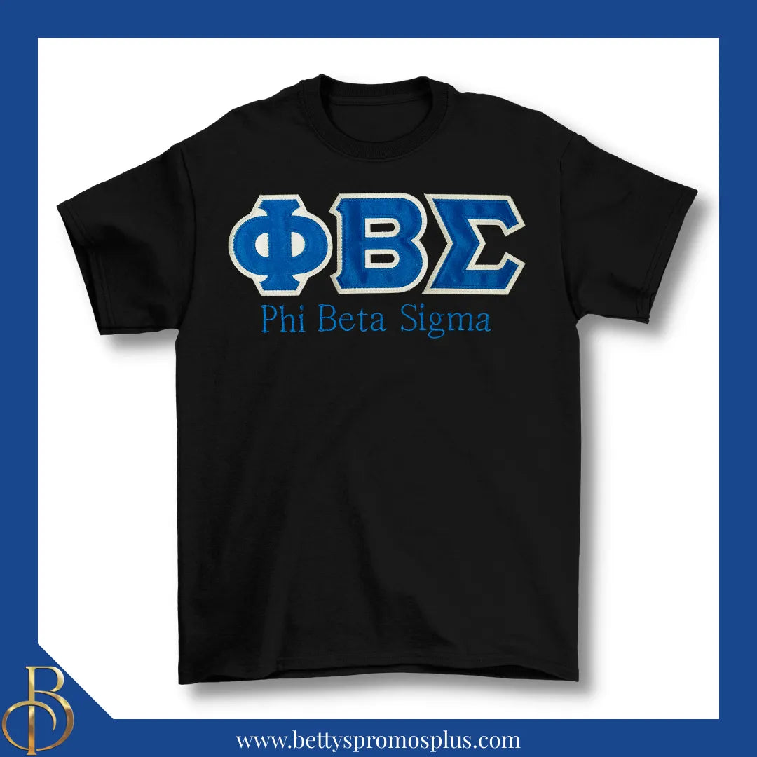 Phi Beta Sigma ΦΒΣ Script Double Stitched Appliqué Embroidered Line T-Shirt-Black-Small-Phi Beta Sigma Paraphernalia-Phi Beta Sigma T-Shirts-Betty's Promos Plus